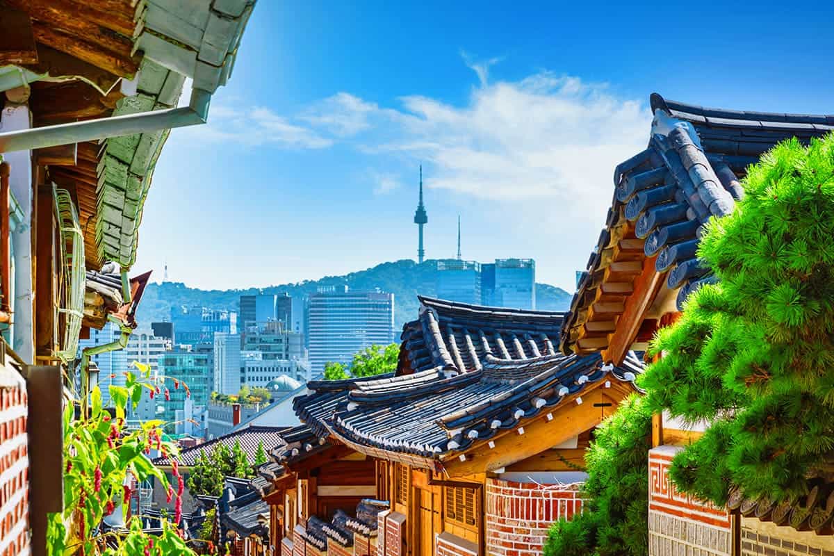 Bukchon Hanok Village rooftops with N Seoul Tower in the background