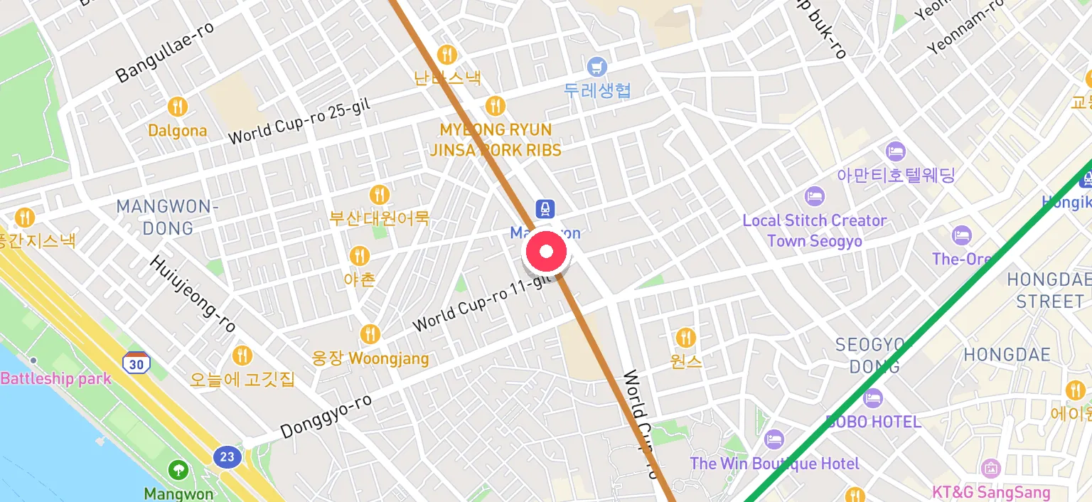 Map of Mangwon Station and the surrounding streets