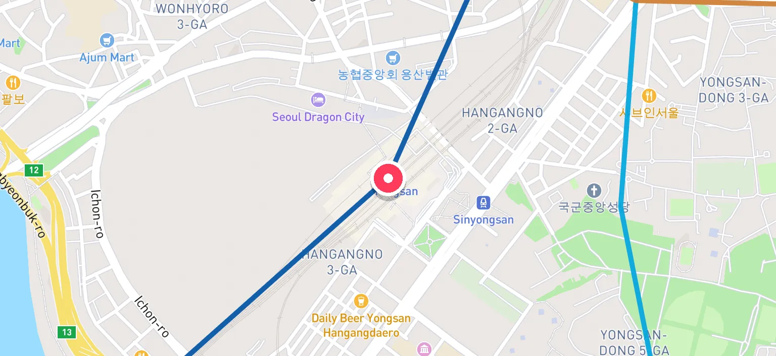 Map of Yongsan Station and the surrounding streets